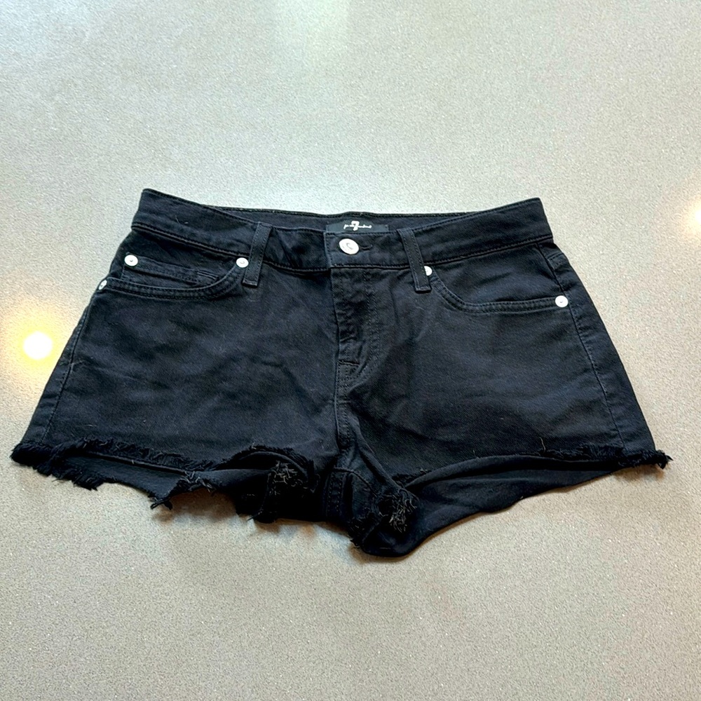 black denim shorts. 7 for all mankind